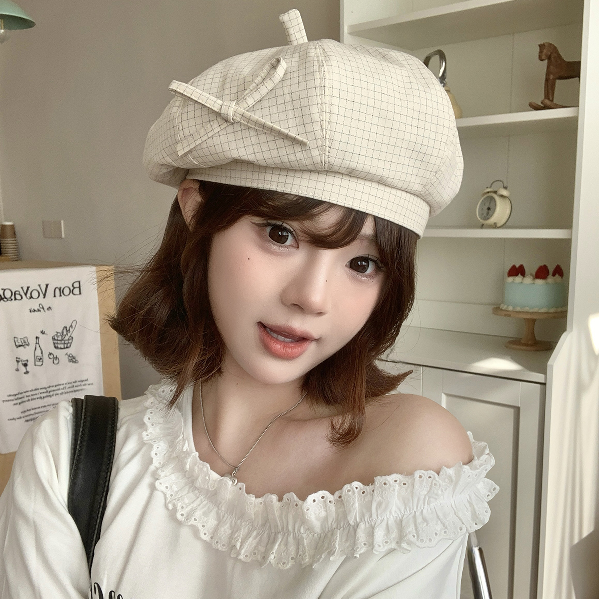 Women's Chic Grid Bow Tie Beret - Elegant Retro Summer Hat