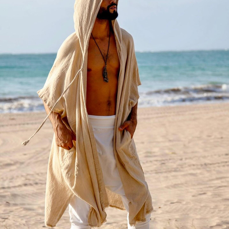 Men's Hooded Sun-Protective Beach Shirt - Loose Fit Resort Cape Cover-Up