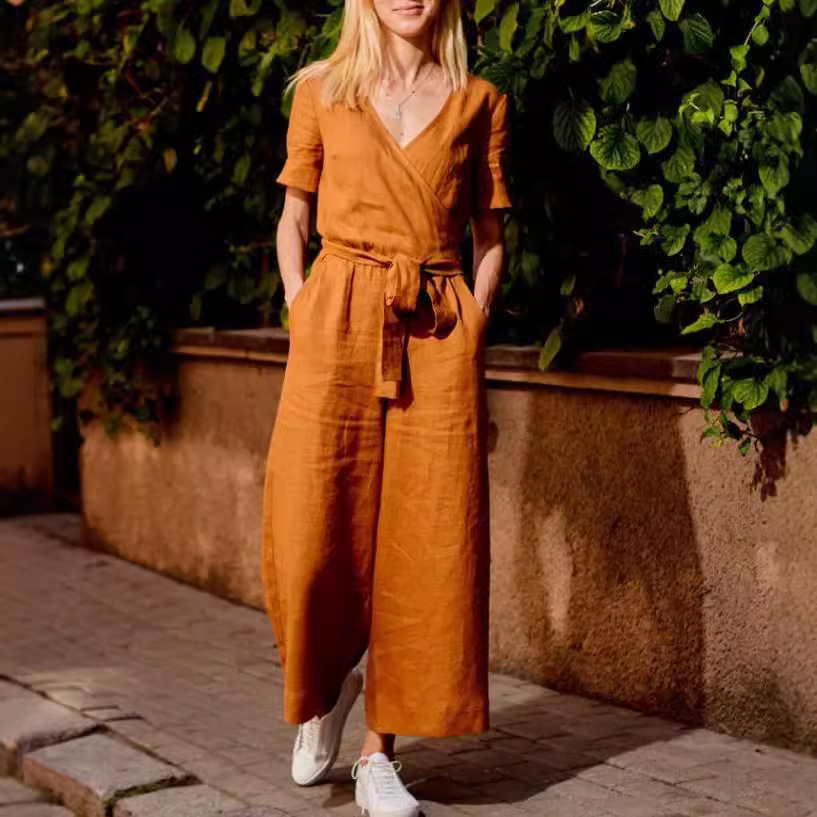 Women's Elegant Short-Sleeve Color-Block Jumpsuit - Casual Wide-Leg Cotton Romper in Khaki