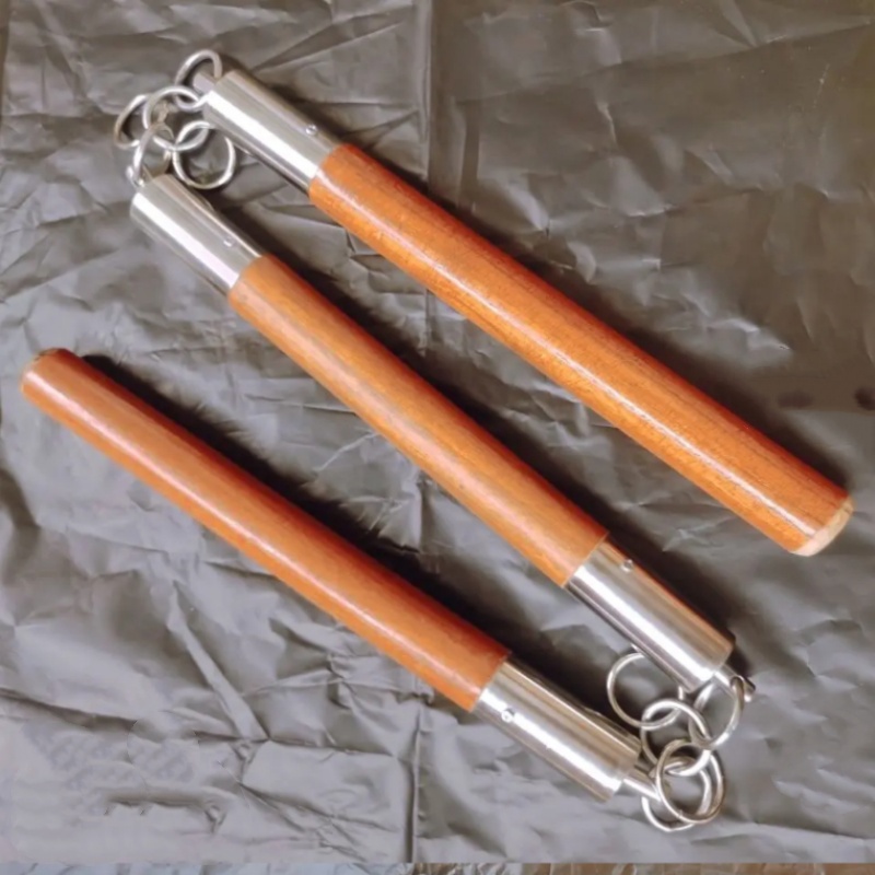 Solid Wood Three-section Staff With Stainless Steel Ring