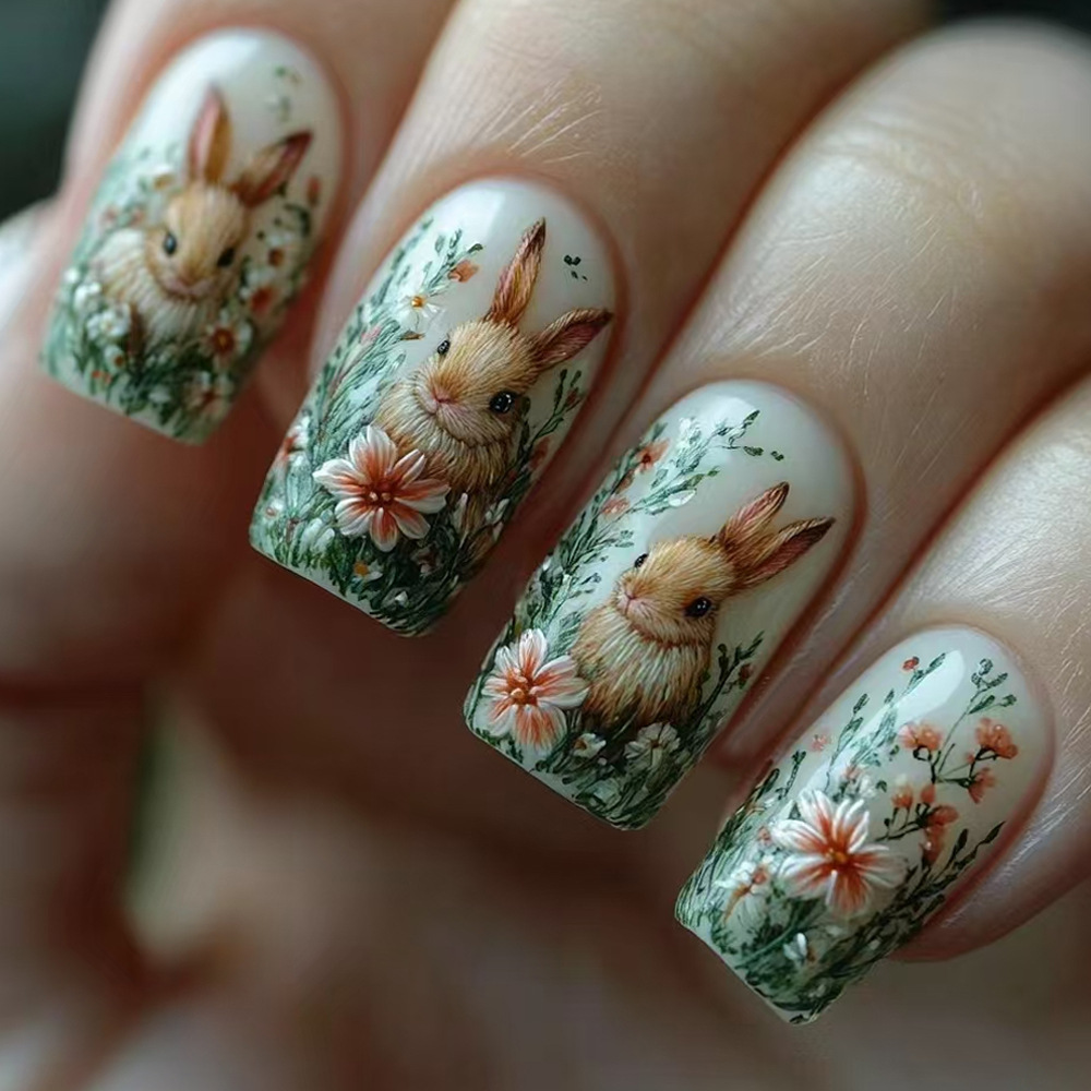 24pcs Easter Press-On Nails - Cute Rabbit Short Square Acrylic Nails with Gradient Ombre Design | Complete Kit with Gel Glue & Nail File