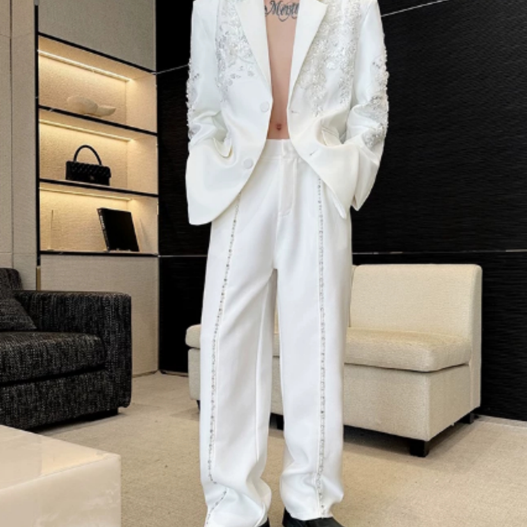 Men's Pearl & Rhinestone Embellished White Suit - Relaxed Fit 2-Piece Set