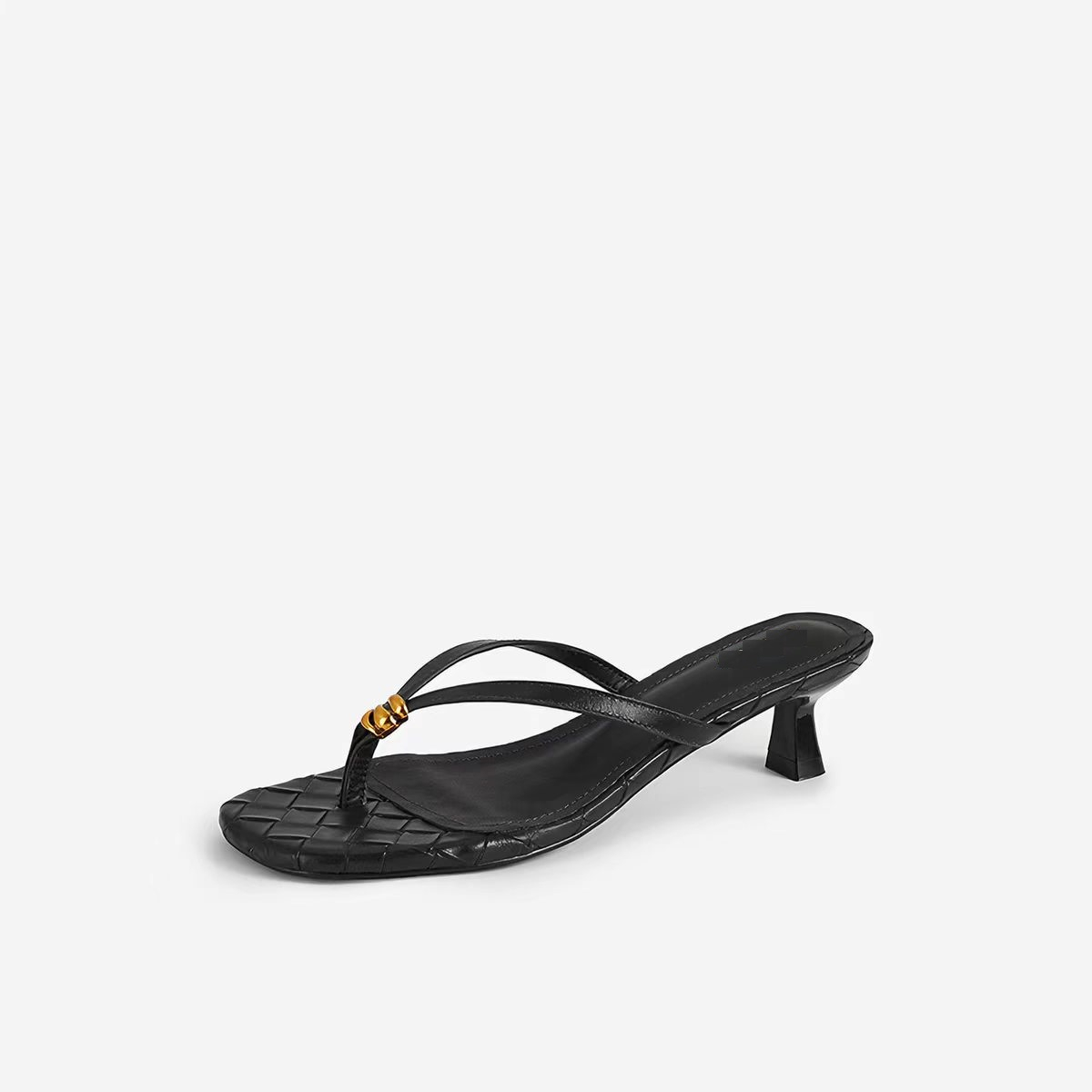 Women's French Vintage Woven Slide Sandals - Chic Low Block Heel Flip Flops with Metal Decor