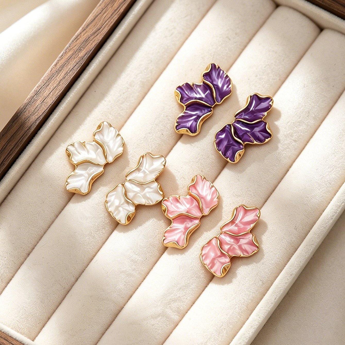 Luxury Enamel Three-Leaf Petal Stud Earrings | Elegant Floral Statement Jewelry for Women