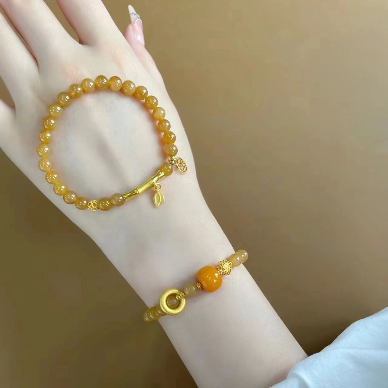 Vintage Bamboo-Link Charm Bracelet - Retro Hetian Jade & Amber "Fu" Bracelet for Women & Men