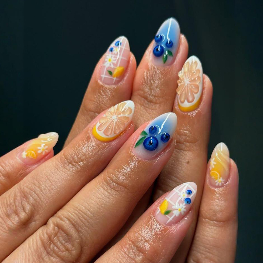 30pcs Short Almond Press-On Nails Kit | Cute Blueberry Gradient & 3D Lemon Fruit Acrylic False Nails with Jelly Glue and Nail File