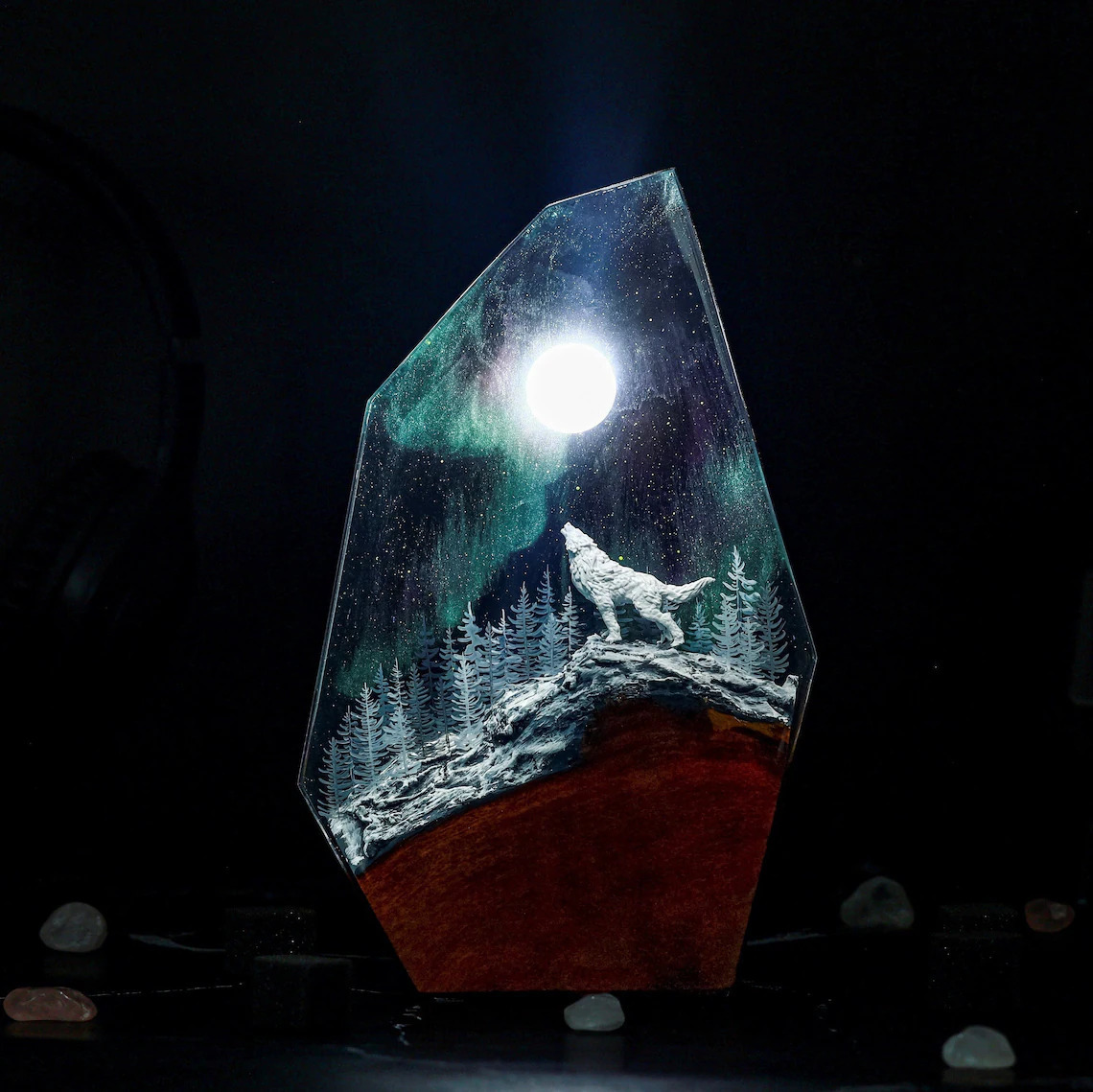 Aurora Snow Wolf Lamp Epoxy Resin Wood