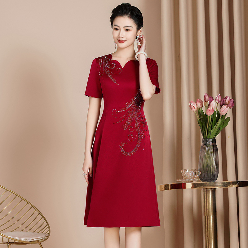 Elegant Chinese Style Beaded Satin Midi Dress - Retro Embroidered Evening Gown