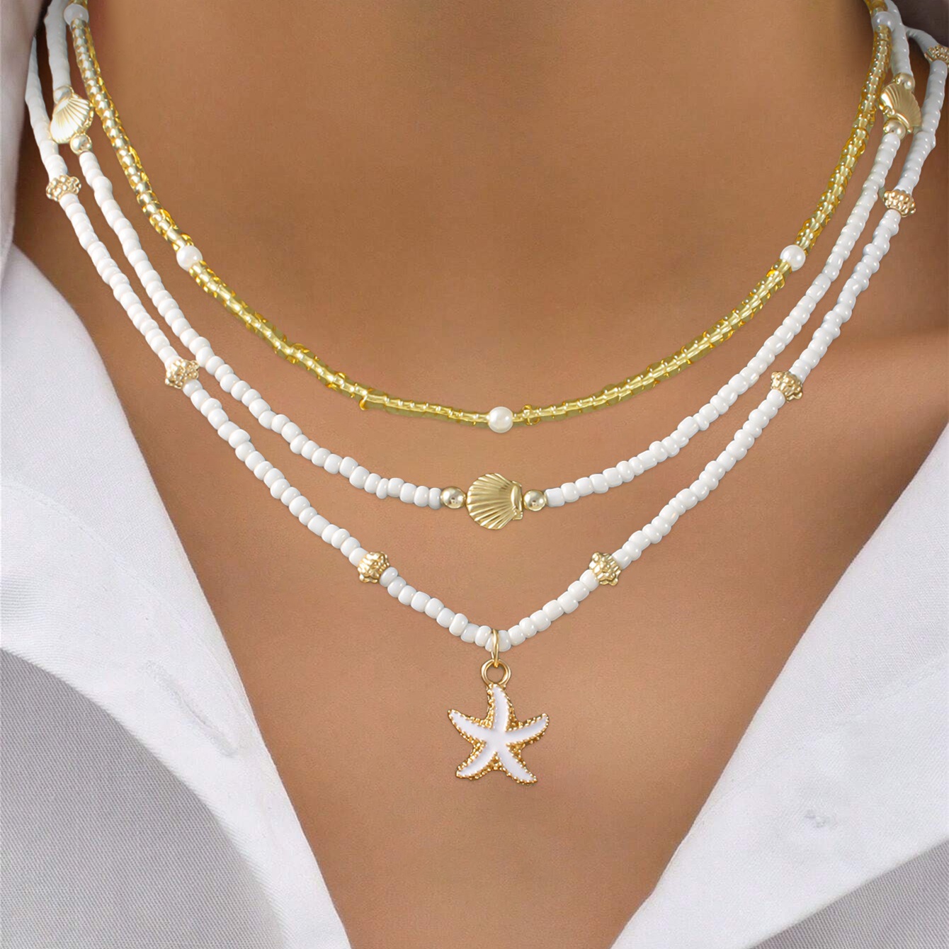 Boho Beach Starfish & Scallop Seed Bead Choker Necklace – Stackable Summer Jewelry for Women