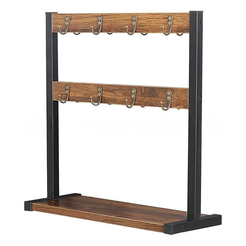 Rustic Iron & Wood Countertop Shelving Unit - Double-Sided Cup Holder & Mug Organizer (Japanese Style, No Assembly)