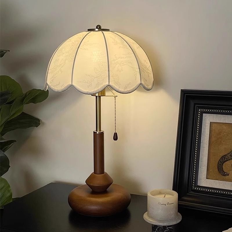 Rustic Solid Wood Table Lamp with Printed Fabric Shade - Elegant New Chinese Style Smart Desk Light