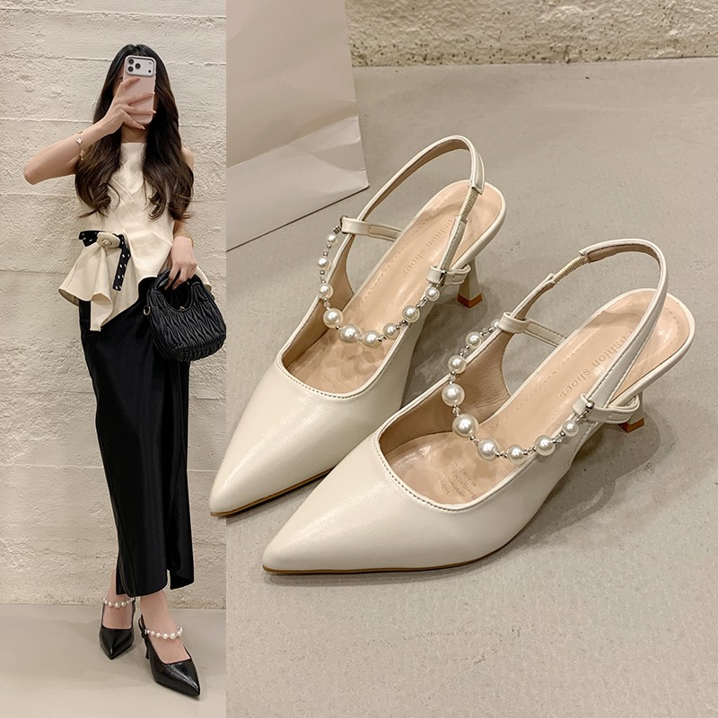 Chic French Style Pearl Pointed Toe Stiletto Heels - Elegant Backless Closed Toe Sandals