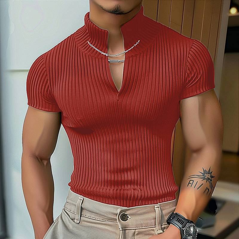 Mens V-neck Knitted Short-Sleeve Ribbed T-Shirt