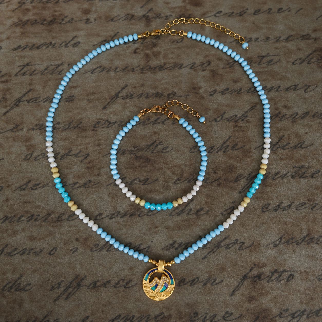 Bohemian Blue Rice Bead & Pearl Choker Necklace and Bracelet Set - Celestial Jewelry for Women