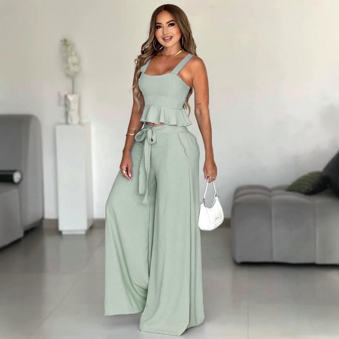 Women's Elegant 2-Piece Pleated Strapless Top & Wide-Leg Pants Set - Chic Sleeveless Co-ord Suit