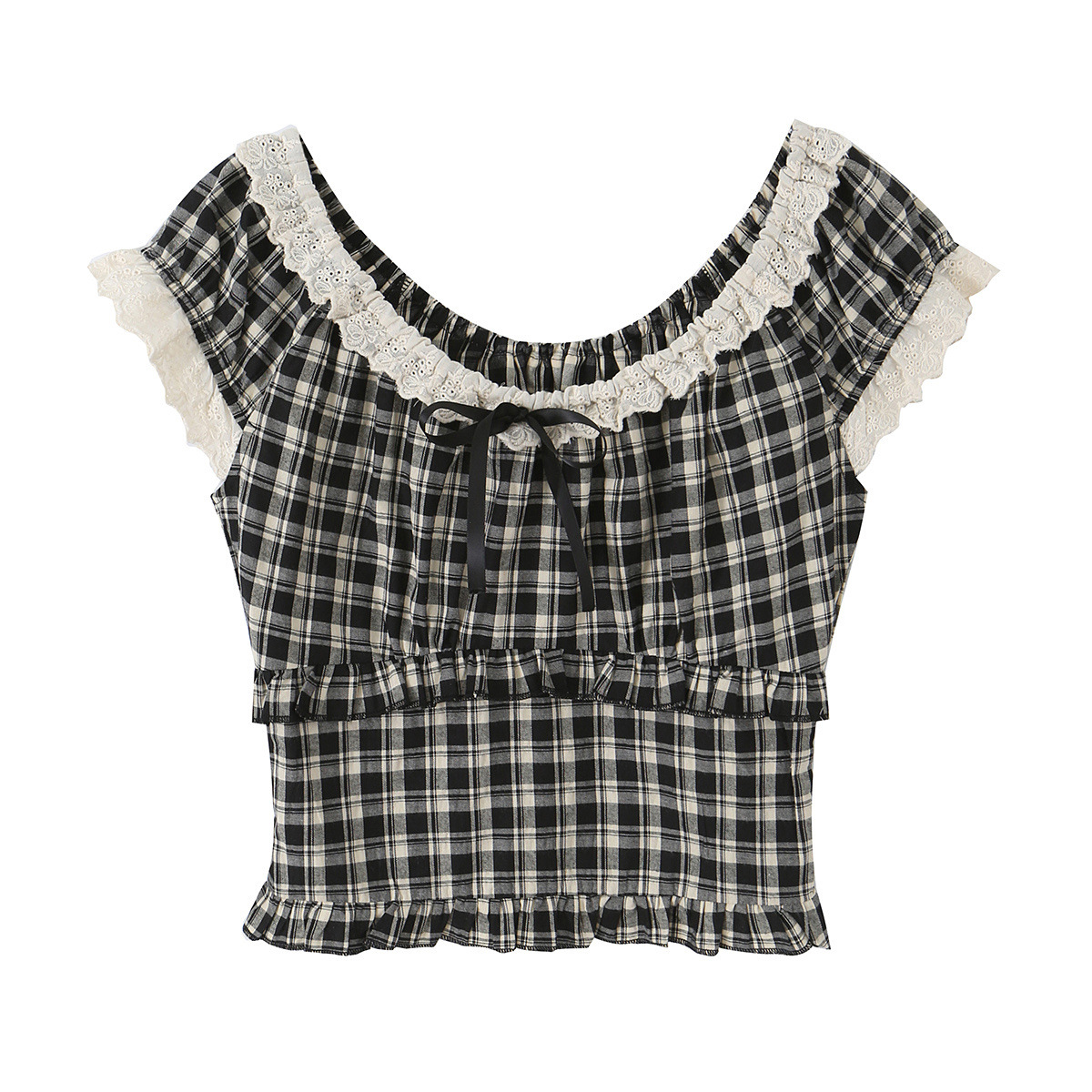 Vintage French Style Plaid Crop Top with Elegant Ruffle Trim
