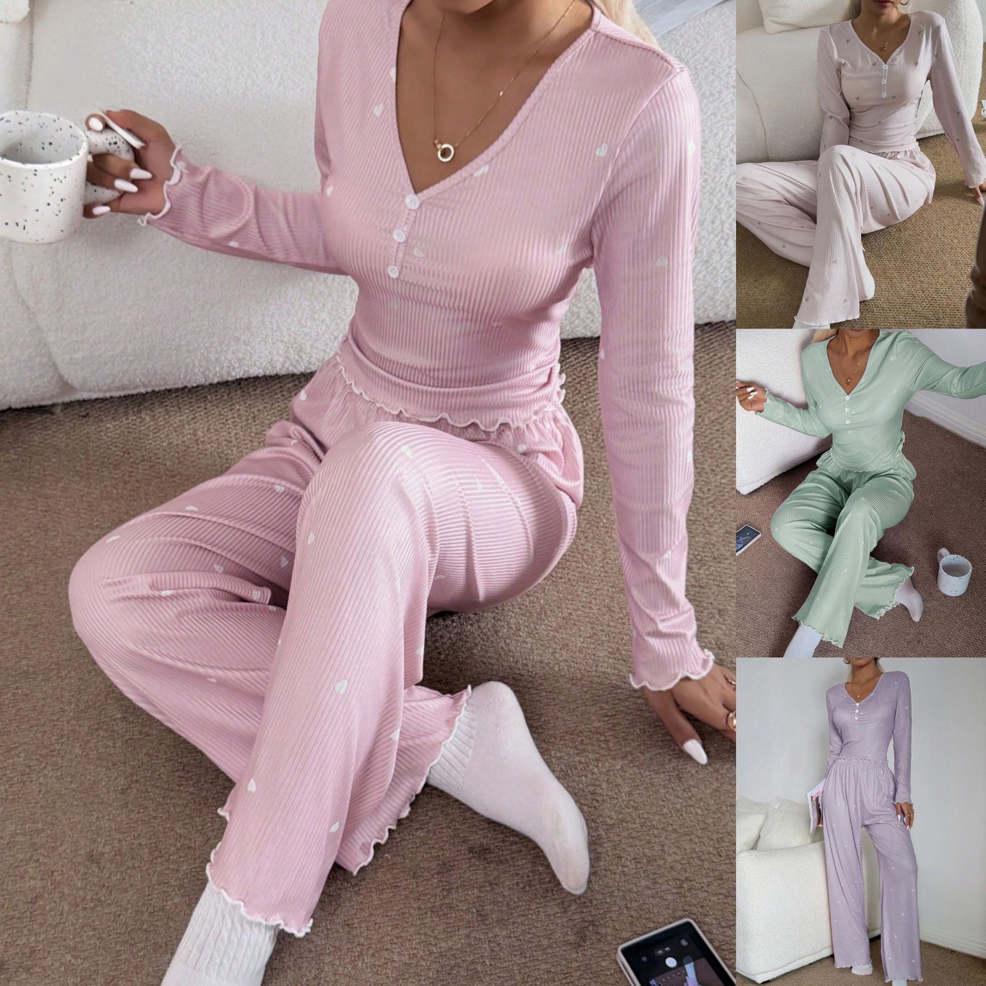 Ultra-Soft Women's Ribbed V-Neck Pajama Set | Cozy Long-Sleeve Button-Front Loungewear