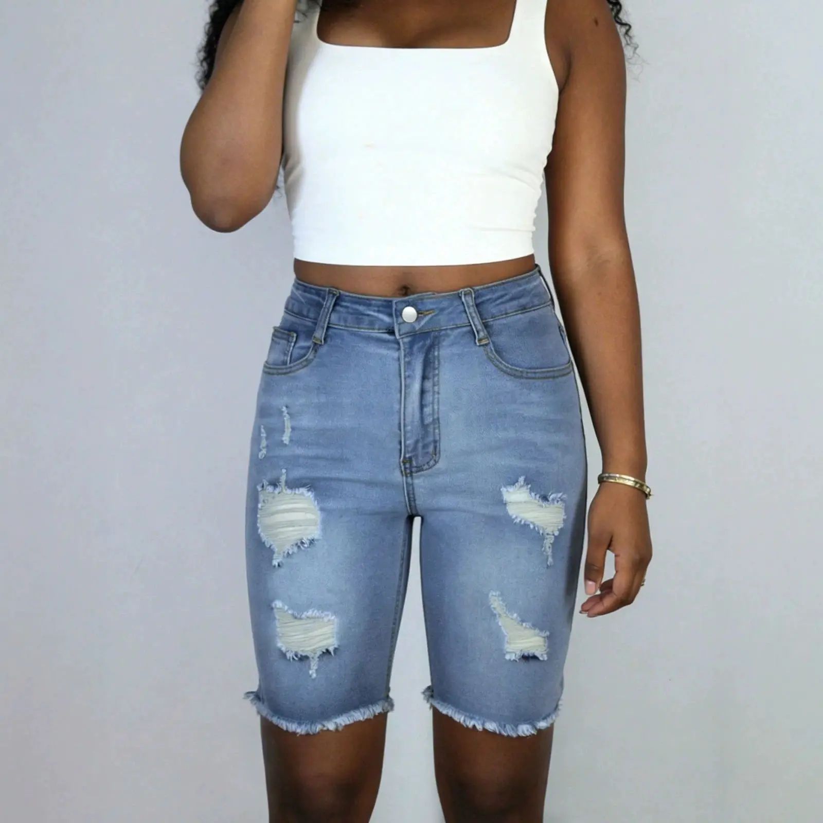 Women's Mid-Rise Ripped Denim Shorts – Casual Distressed Blue Jean Shorts