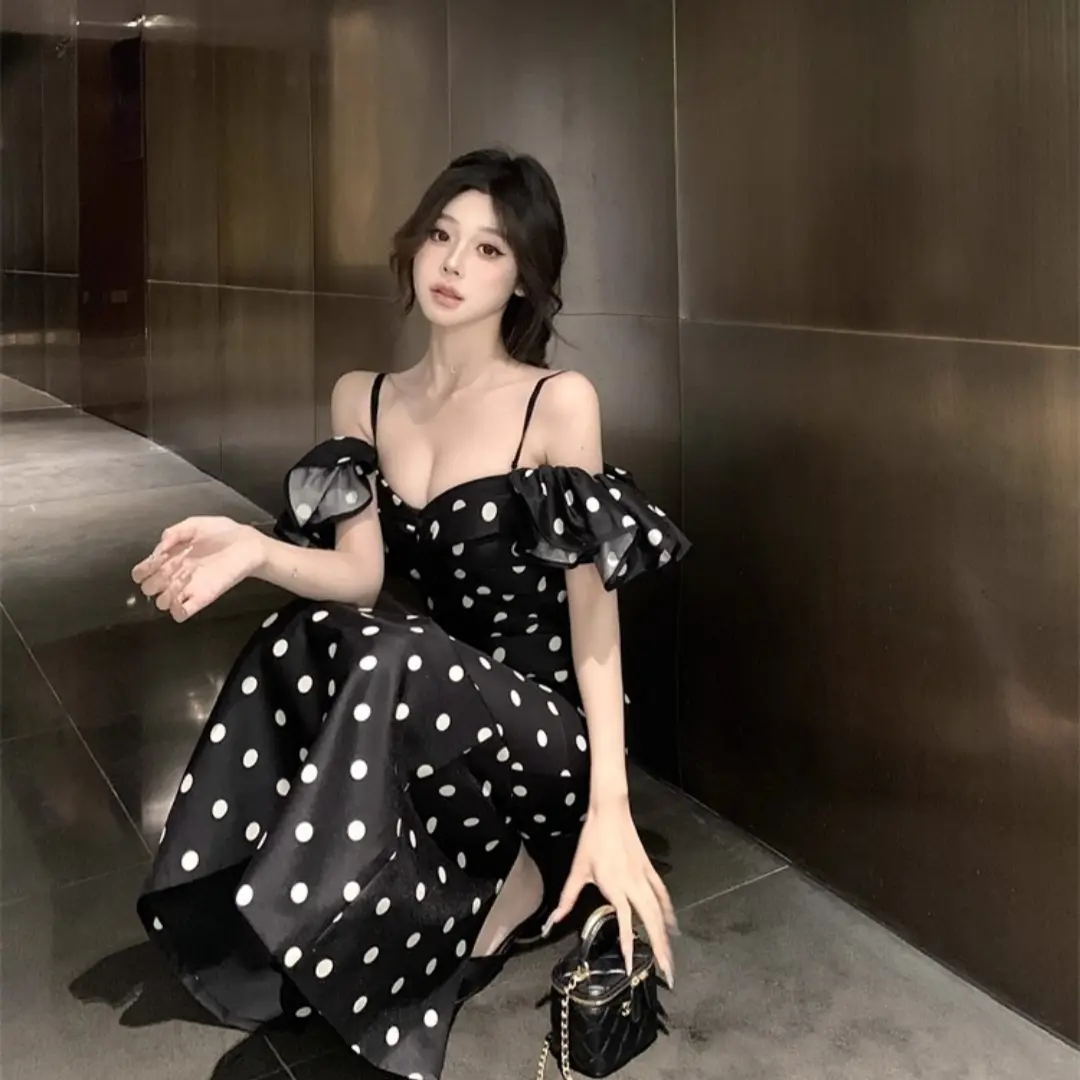Women's French Style Polka Dot Midi Dress - Elegant Off-Shoulder Summer A-Line Dress