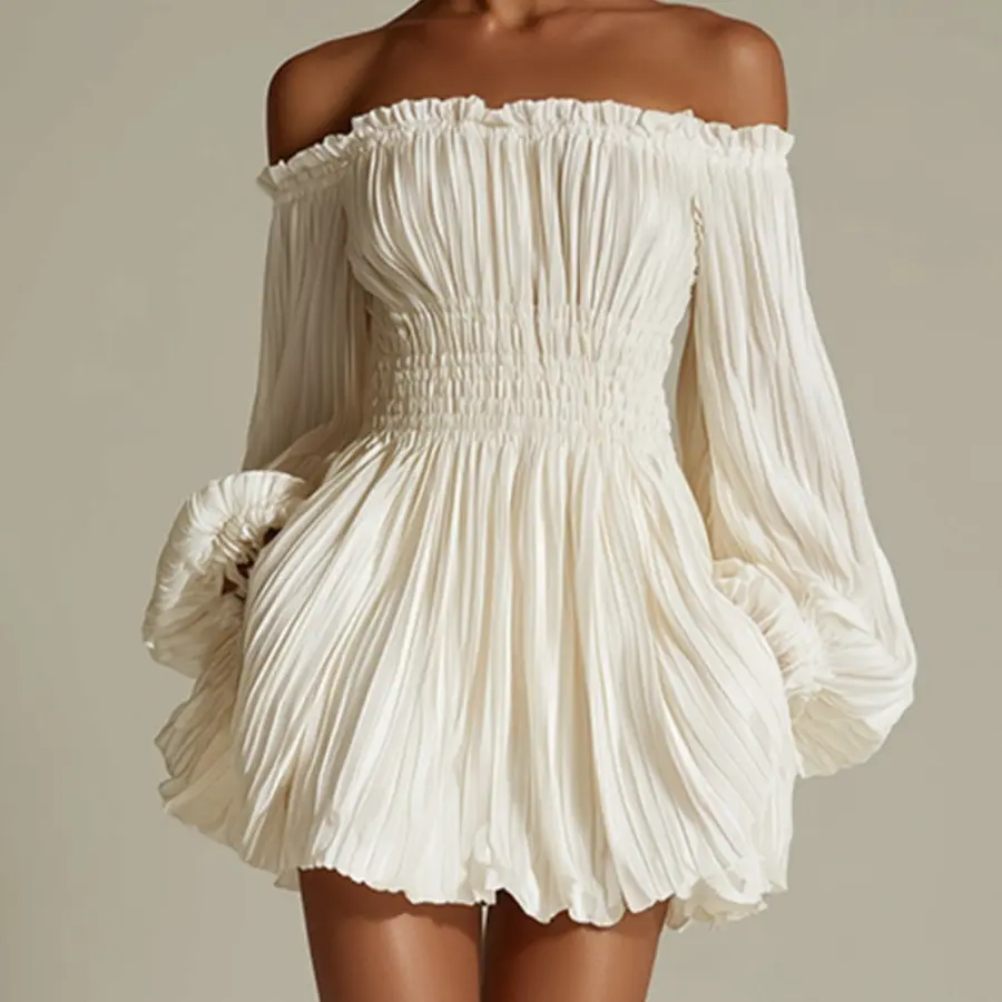 Women's Elegant Off-Shoulder Pleated Mini Dress with Long Puff Sleeves