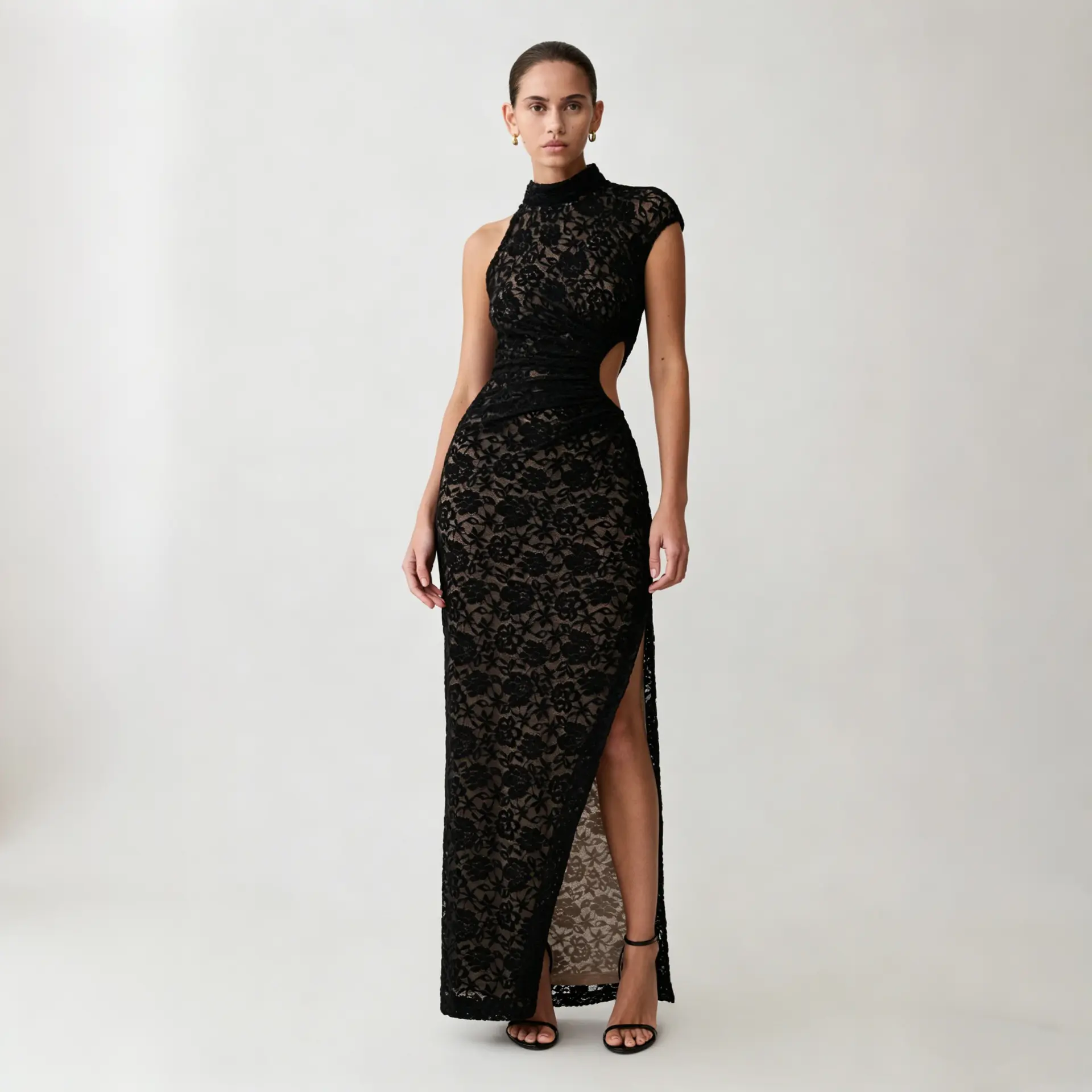 Women's Elegant Off-Shoulder Lace Hollow-Out Maxi Dress with High Side Slit