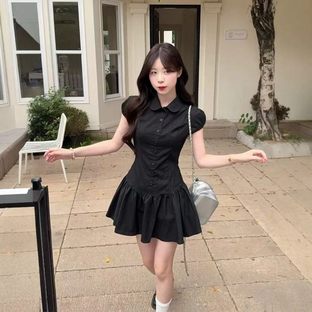 Retro Black Striped Puff-Sleeve Mini Shirt Dress | High-Waist A-Line Style