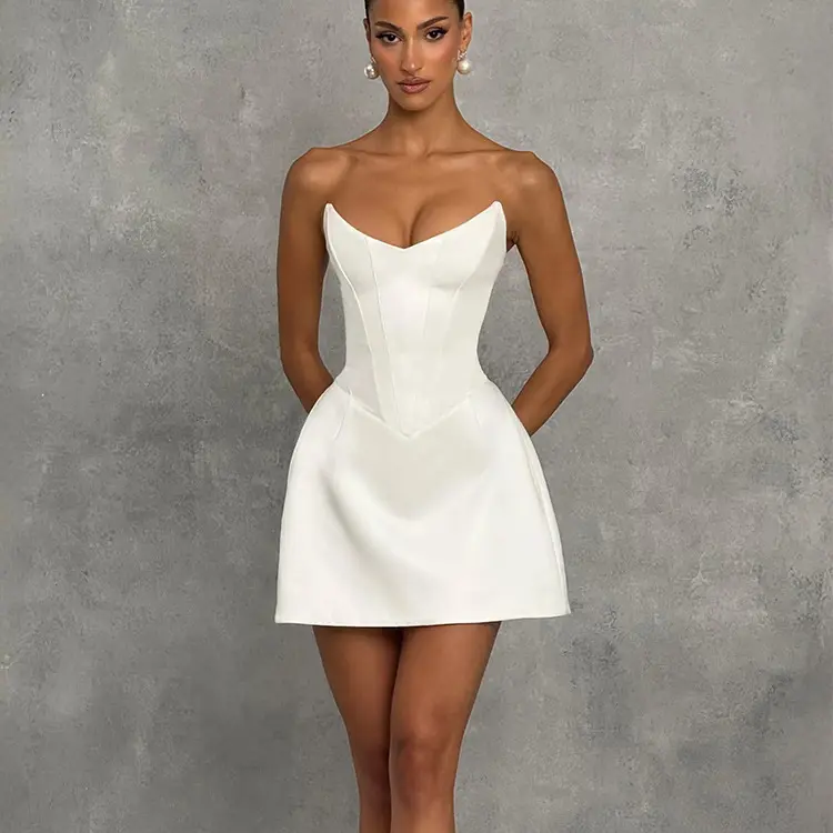Women's Elegant White Strapless V-Neck Mini Dress - High Waist Lace-Up A-Line Party Dress