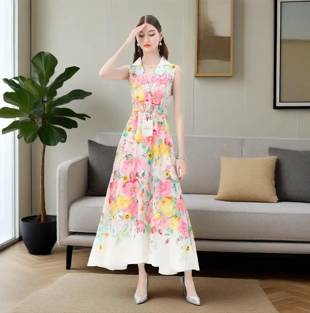 Women's Elegant Floral Print Sleeveless Maxi Dress - High Waist A-Line Summer Sundress