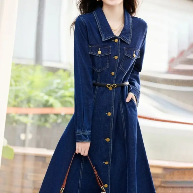 Women's Vintage Lapel Collar Midi Denim Dress with Belt - Elegant Long Sleeve Slim Fit Chic Casual Dress