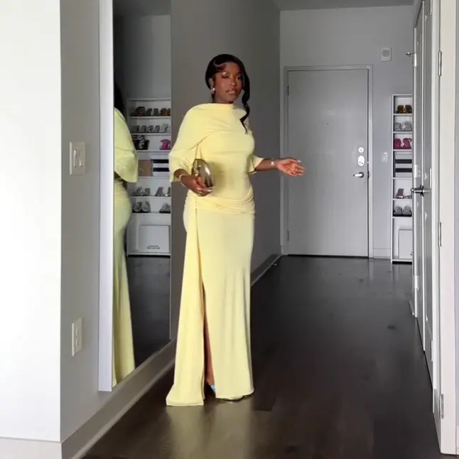 Women's Elegant Backless Long Sleeve Maxi Dress - Vibrant Yellow High Waist Evening Gown
