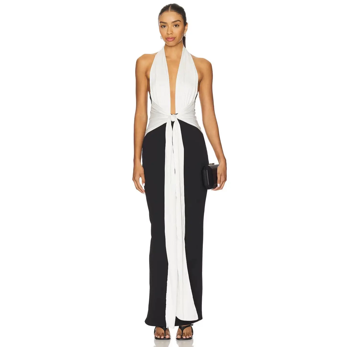 Women's Elegant Color-Block Halter Maxi Dress – Deep V-Neck Backless Twist-Front Bodycon Sheath Dress with Slit