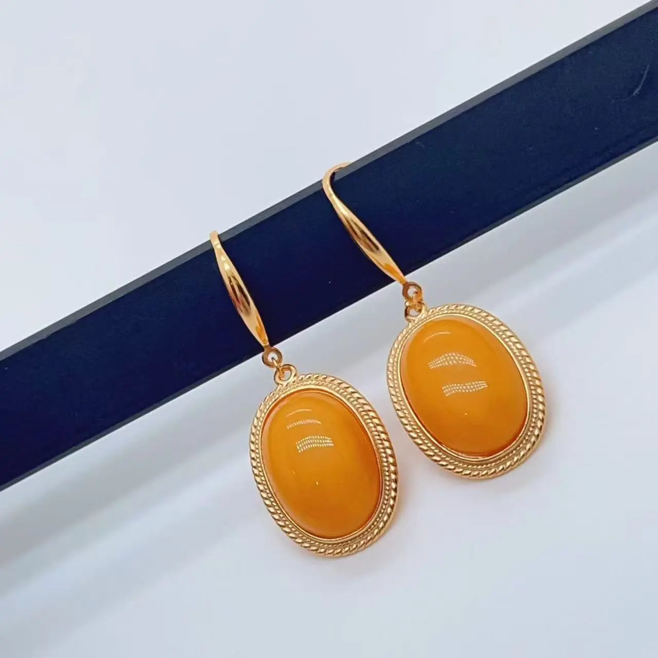 Natural Russian Chicken-Oil Yellow Amber Oval Stud Earrings in 925 Sterling Silver