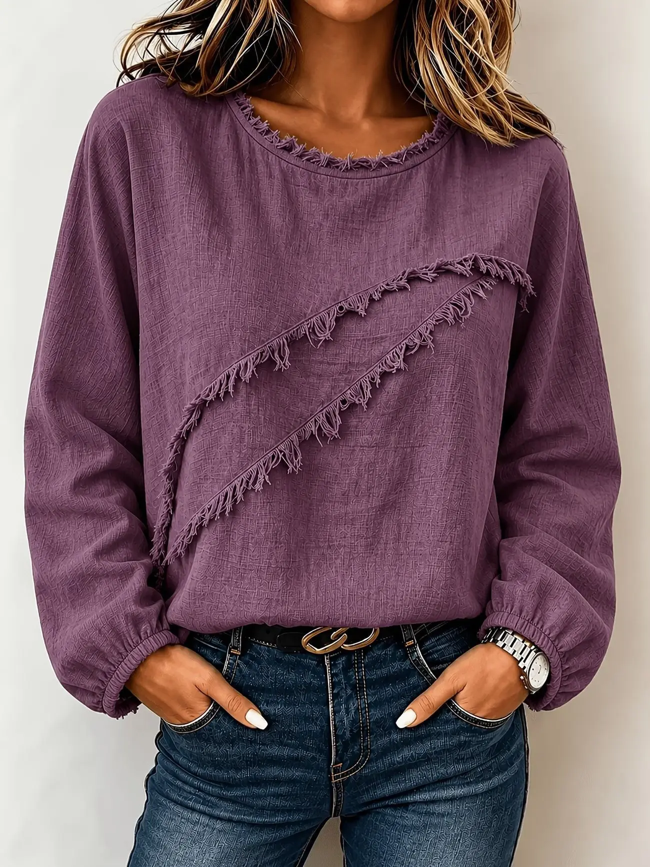 Chic Women's Fringe Detail Crew Neck Long Sleeve Top - Loose Fit Casual Autumn Sweater
