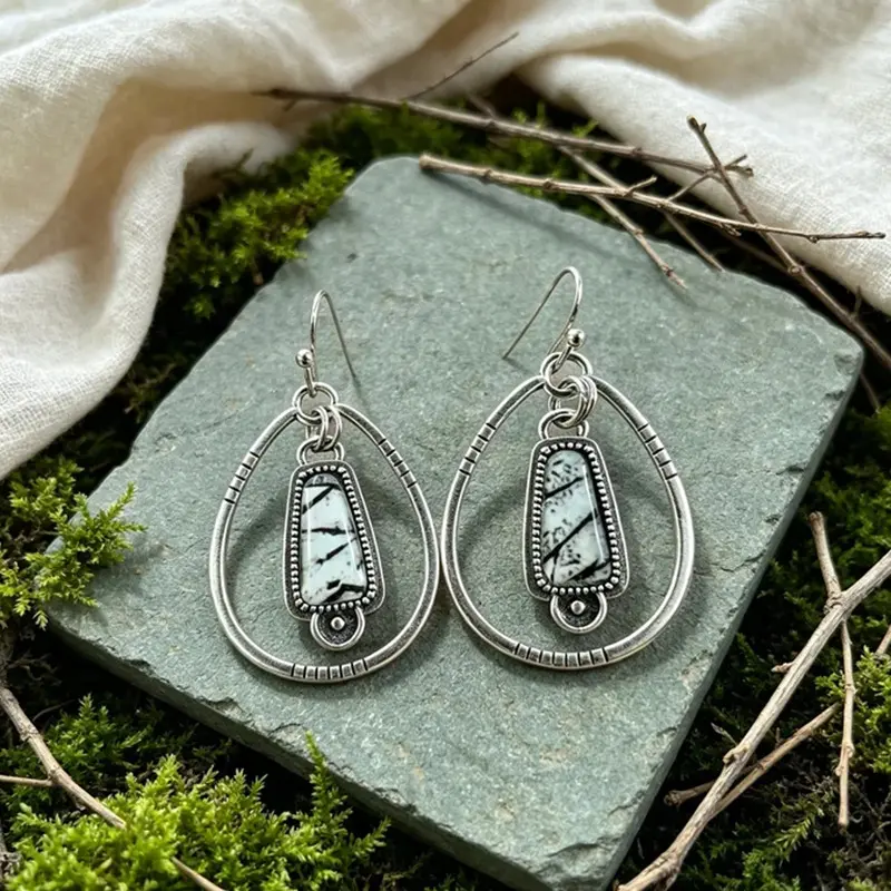 Vintage Geometric Oval Statement Drop Earrings for Women - Retro Metallic Dangle Ear Hooks