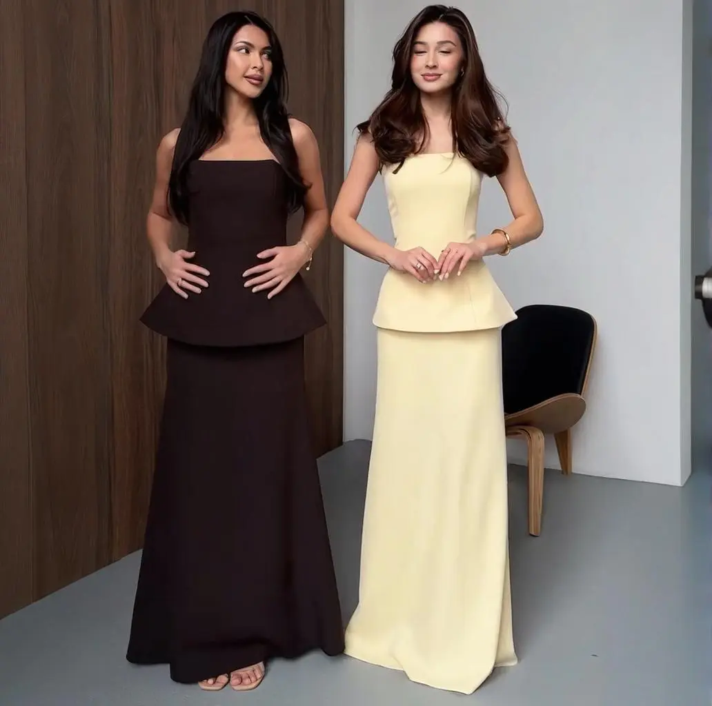 Women's Elegant 2-Piece Outfit Set - Strapless Top & Matching Solid Maxi Skirt