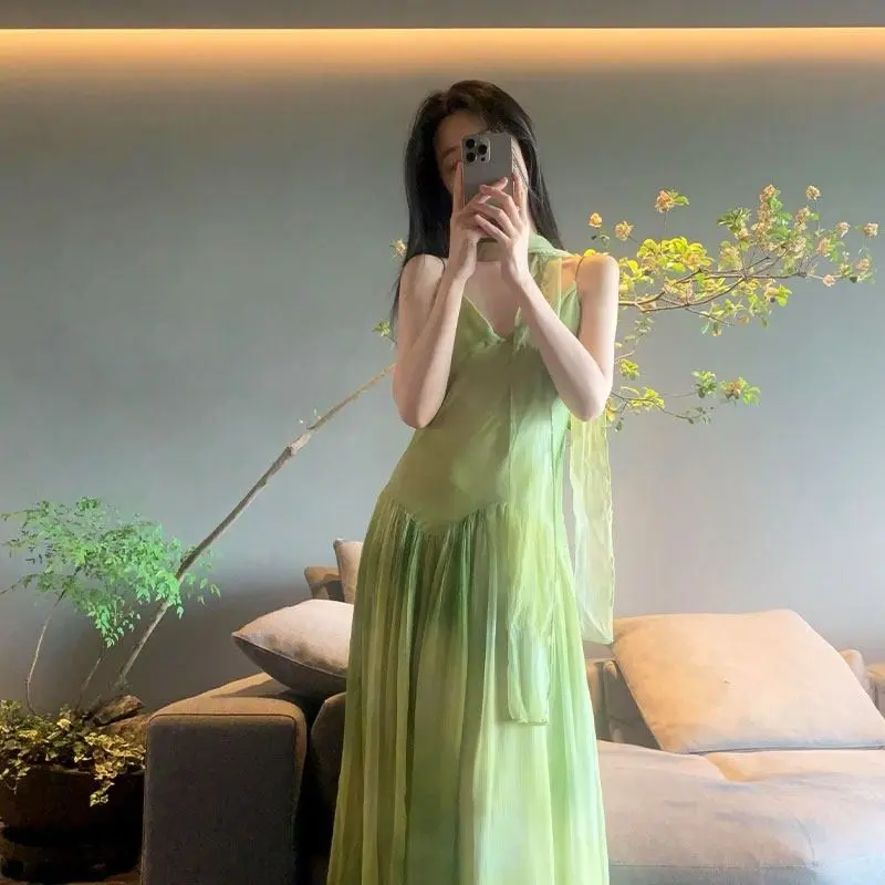Women's Chic Green Tie-Dye Hooded Maxi Dress - Retro Beach A-Line Knit Sundress
