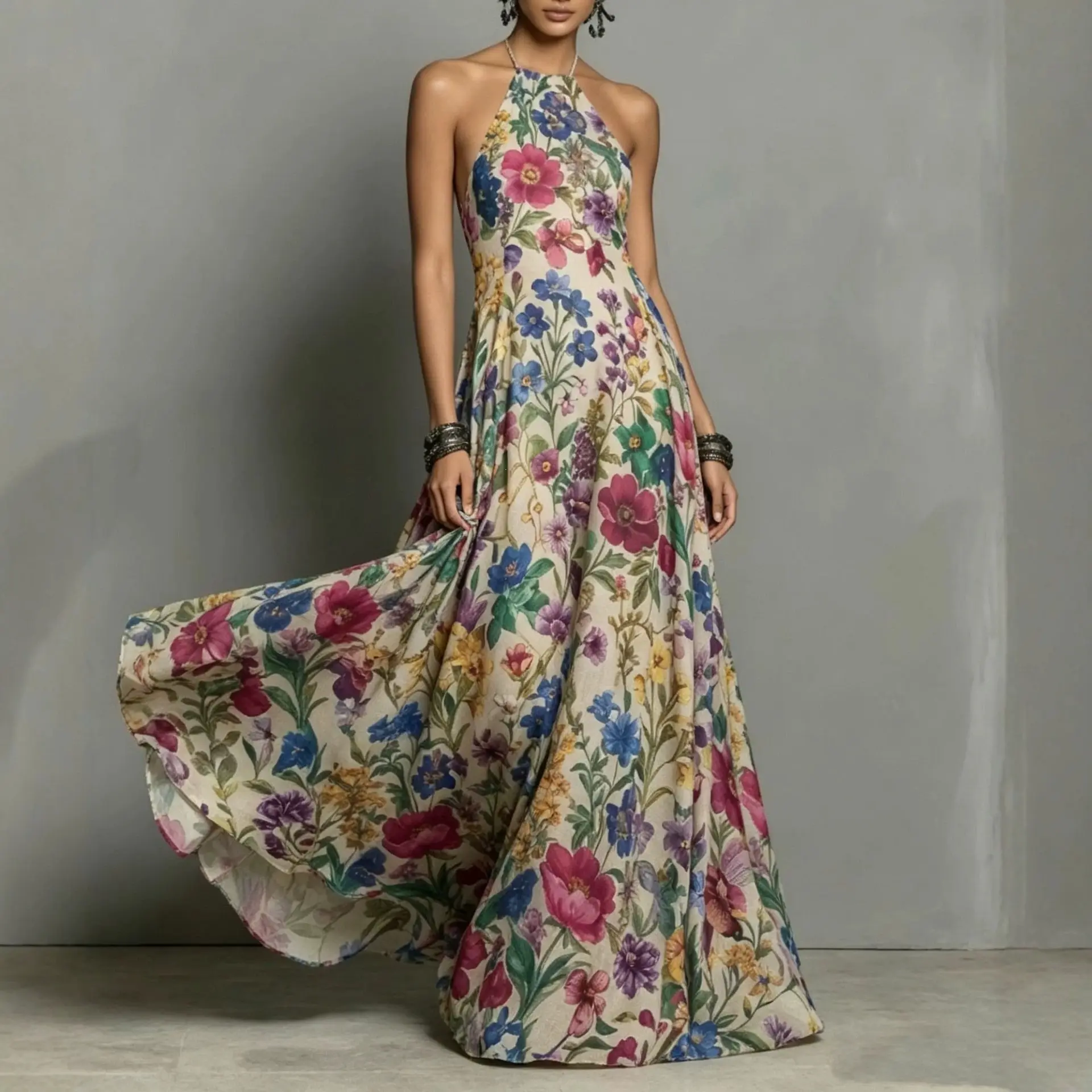 Elegant Floral Print Off-Shoulder Halter Maxi Dress – Flowy Summer Vacation A-Line Sundress