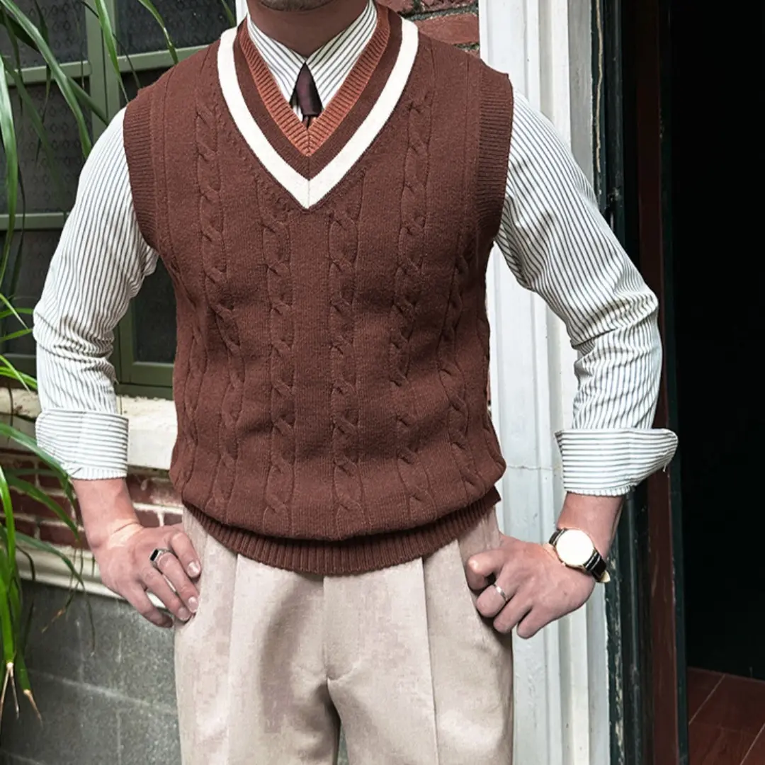Men's Classic V-Neck Color-Block Sweater Vest | Casual British Style Sleeveless Pullover