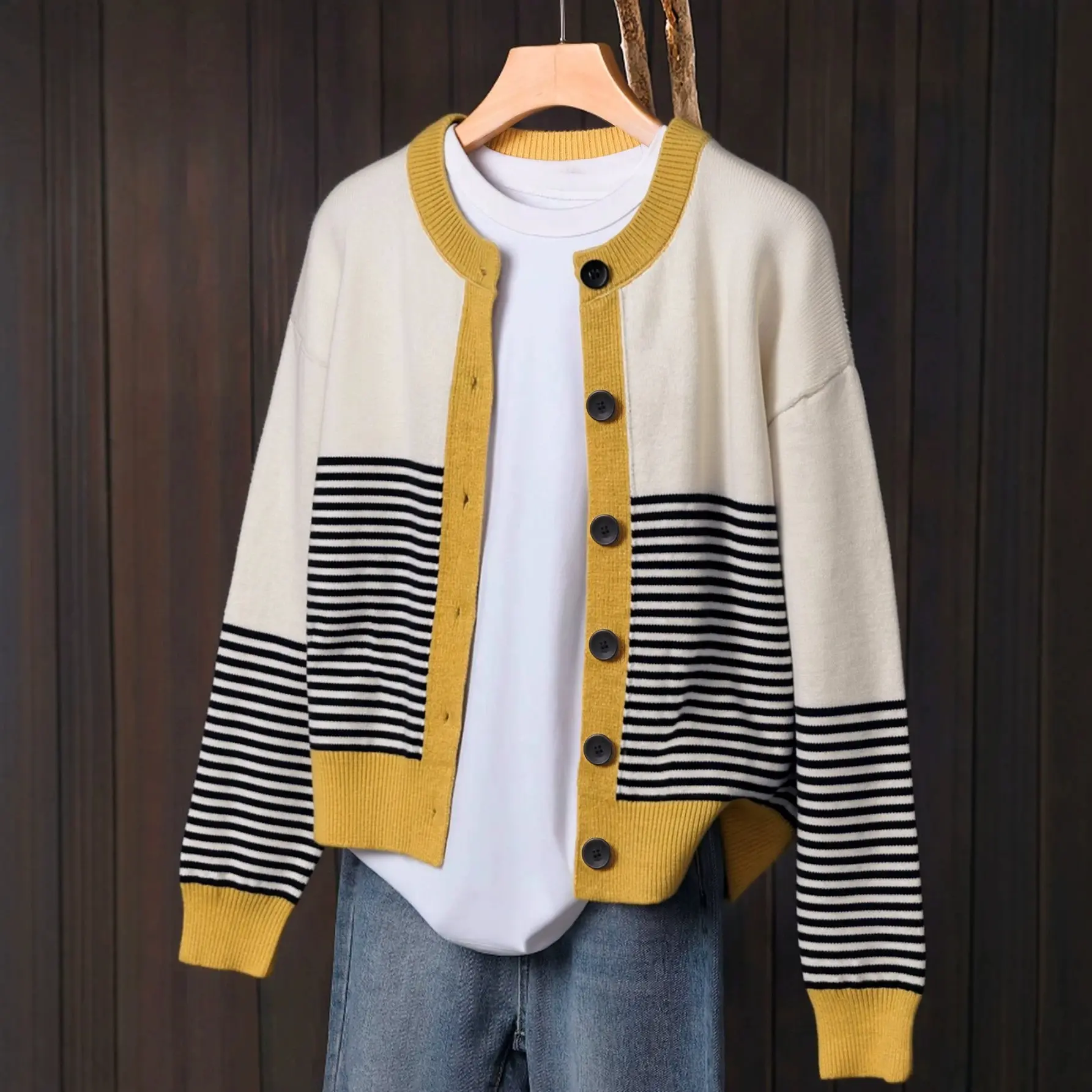 Women's Striped Colorblock Button-Down Cardigan Sweater - Relaxed Fit Knit Top