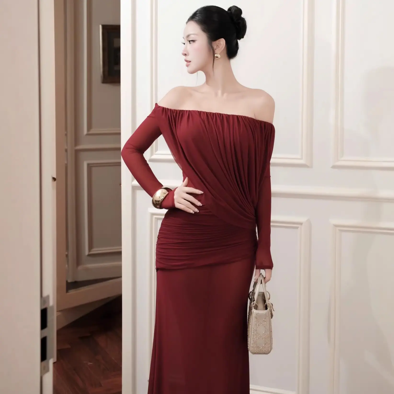 Women's Elegant Off-Shoulder Long Sleeve Maxi Dress - Slim Fit High Waist Evening & Casual Dress