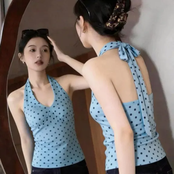 Chic Backless Lace-Up Top with Bow Accent & Built-In Padding - Blue Summer Sleeveless Top