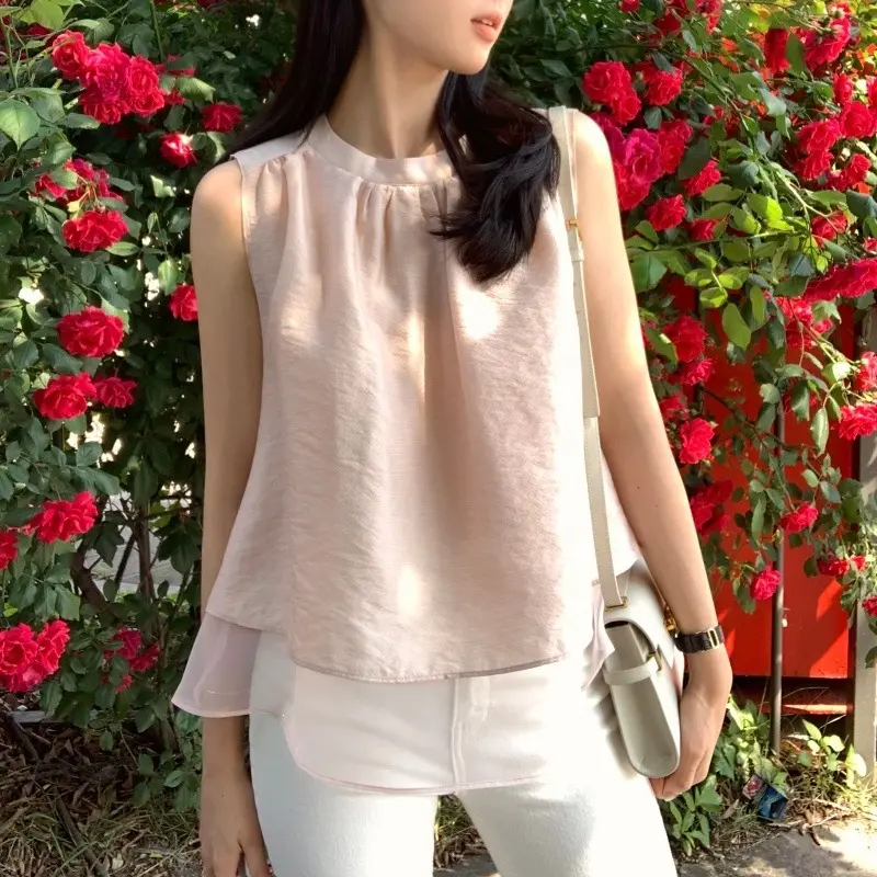 Chic Mock Two-Piece Off-Shoulder Satin Top – Elegant Sleeveless Vest Shirt