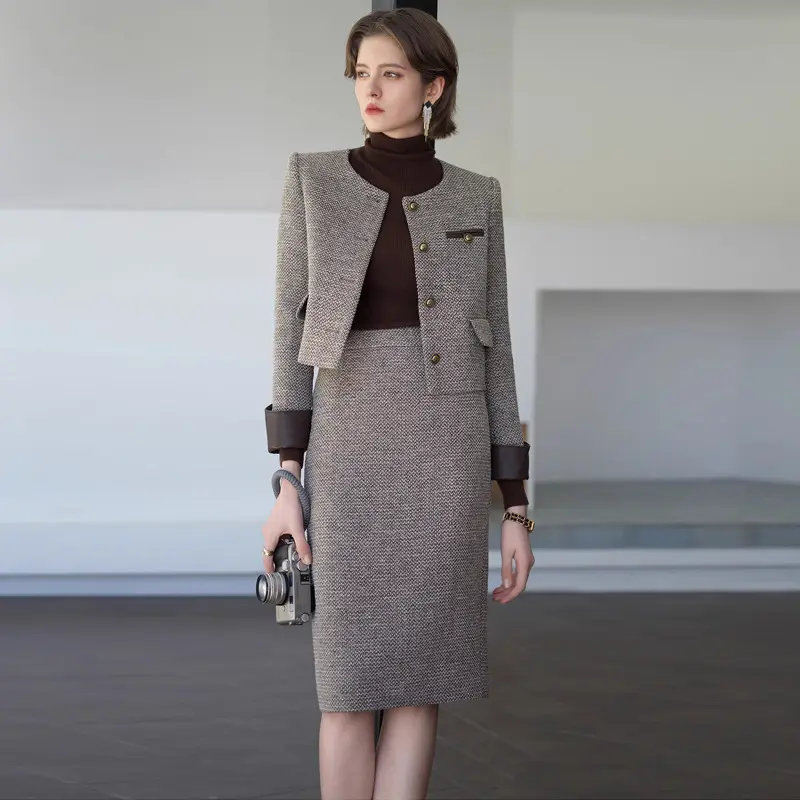 Women's Elegant Tweed 2-Piece Skirt Suit - Chic Parisian Style Long Sleeve Blazer & Midi Skirt Set