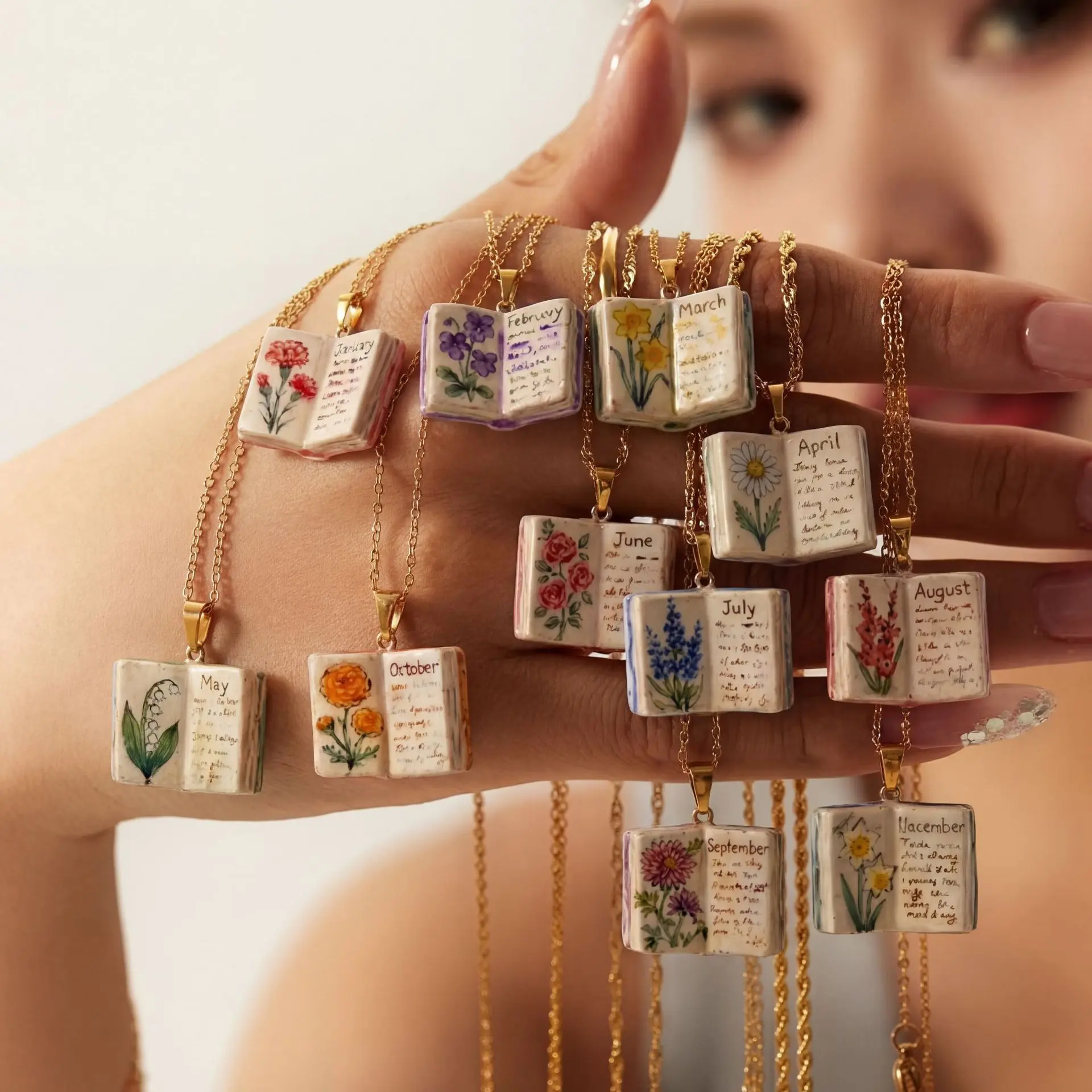 Vintage Birth Month Flower Book Locket Necklace for Women - Personalized Heart Floral Pendant Jewelry