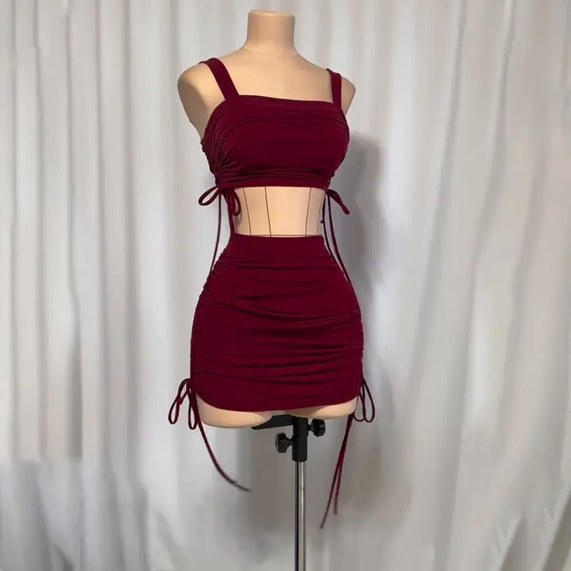 Women's Deep Red Strap-Trimmed Tube Top and Mini Skirt Set - Sexy 2-Piece Summer Outfit