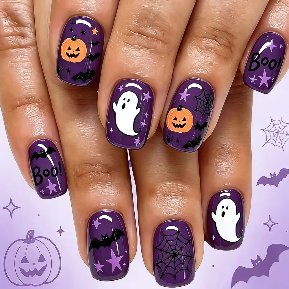 Spooky Halloween Press-On Nails – 24 Pcs Short European Square Fake Nails with Ghost, Spiderweb & Pumpkin Art