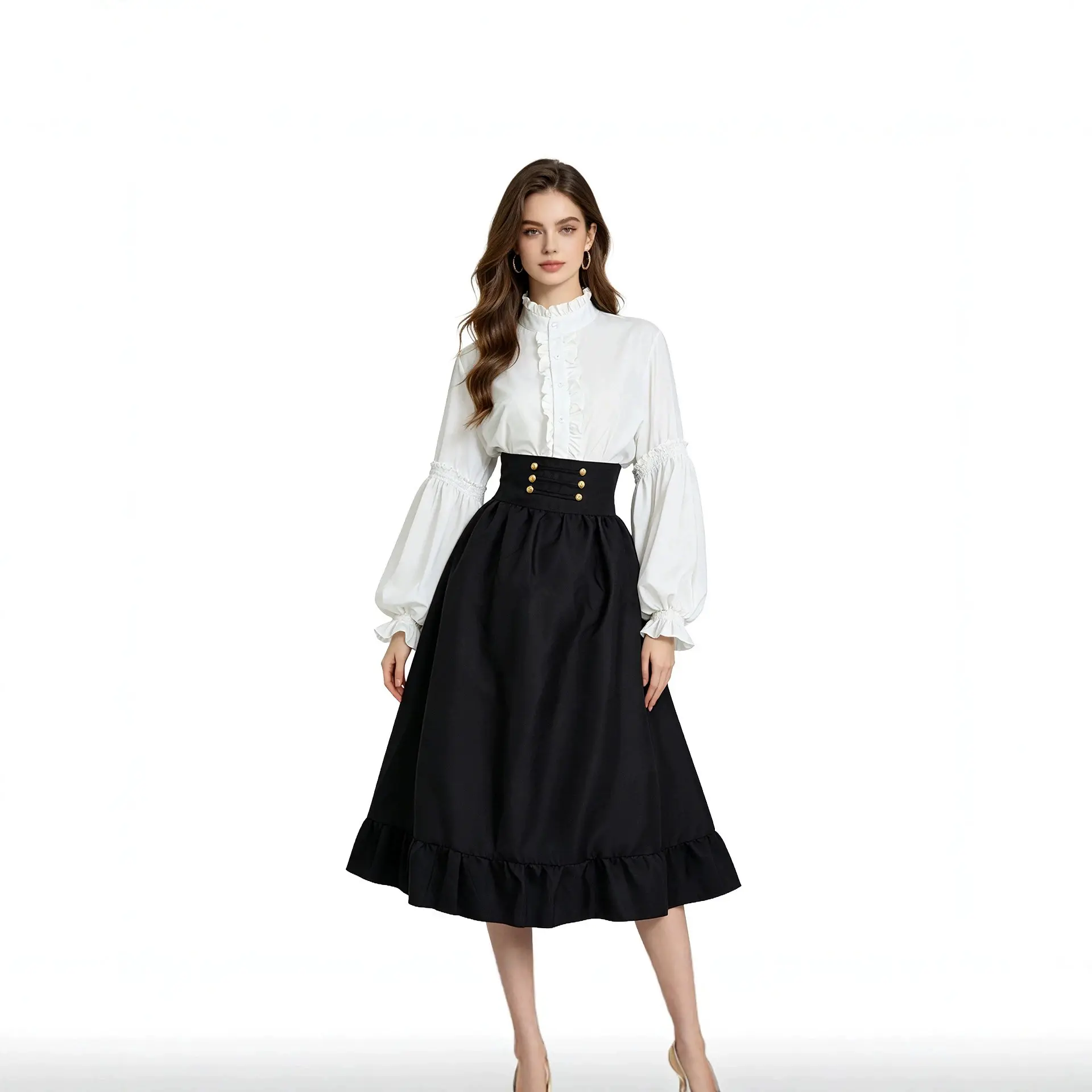Vintage Lace-Trim Lantern Sleeve Blouse & High-Waisted A-Line Midi Skirt