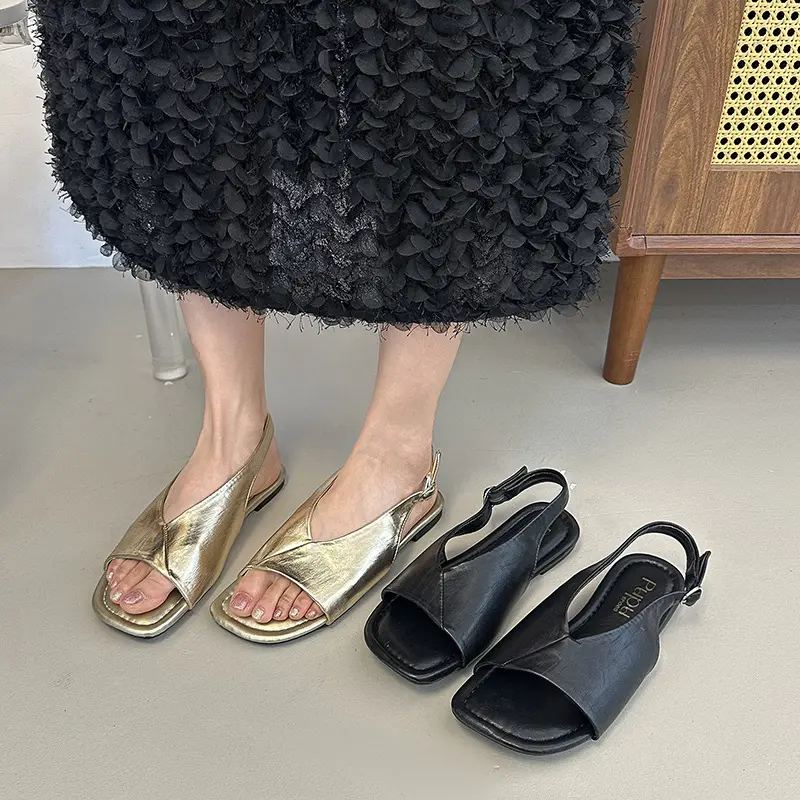 Women's Chic Square Toe Flat Sandals - Casual Summer Open-Toe Beach Slip-On Shoes