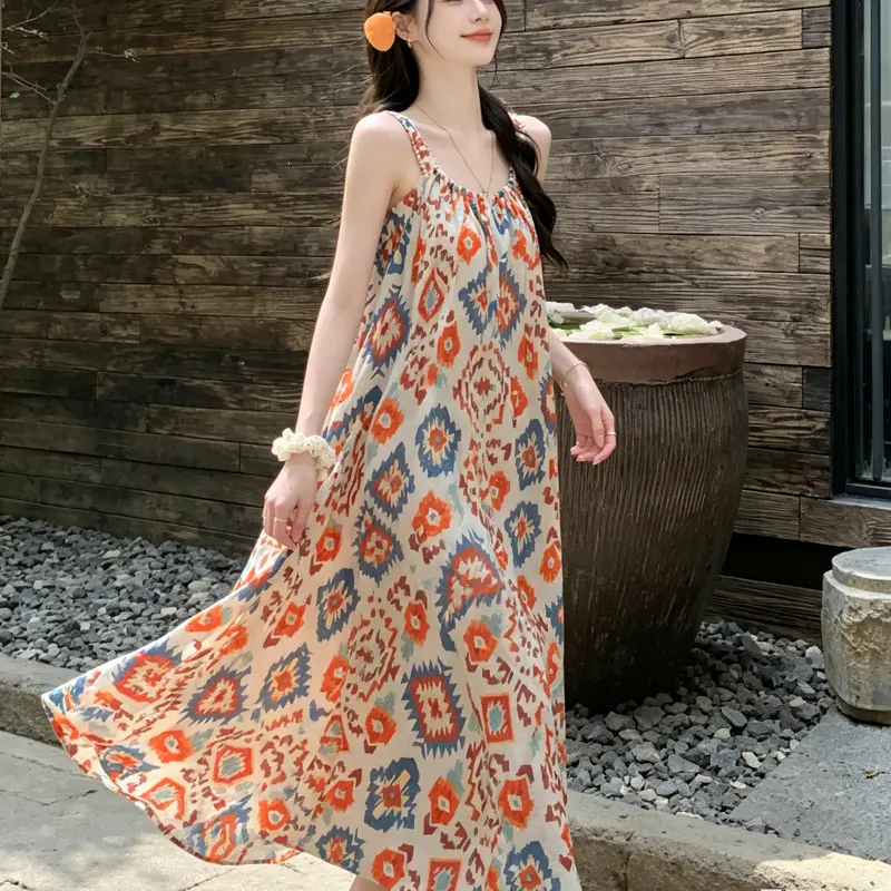 Women's Summer Bohemian Ethnic Print Midi Dress | Vibrant Red High-Waist A-Line Mesh Strap Dress