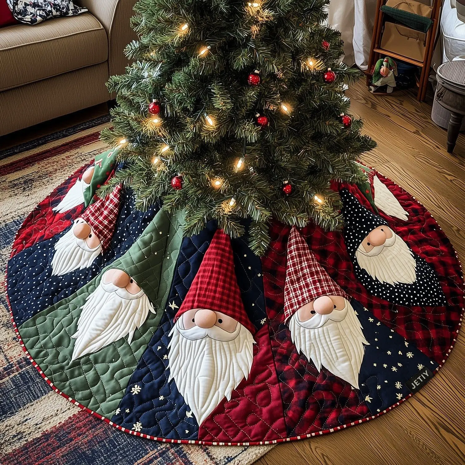 Festive Snowman & Holly Christmas Tree Skirt – Quilted Holiday Floor Mat & Tree Base Decoration